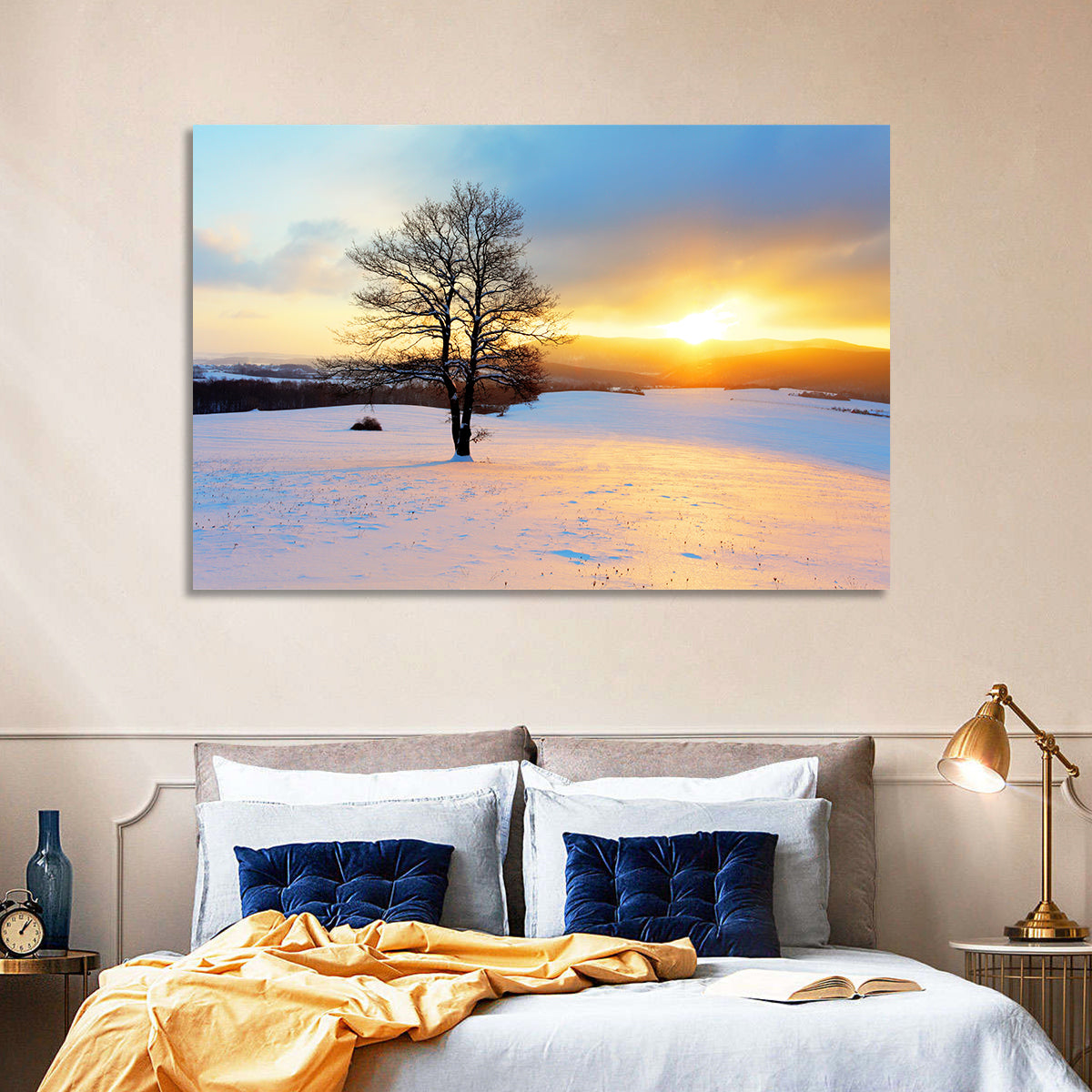 Snowy Winter Sunrise Wall Art in a room, landscape