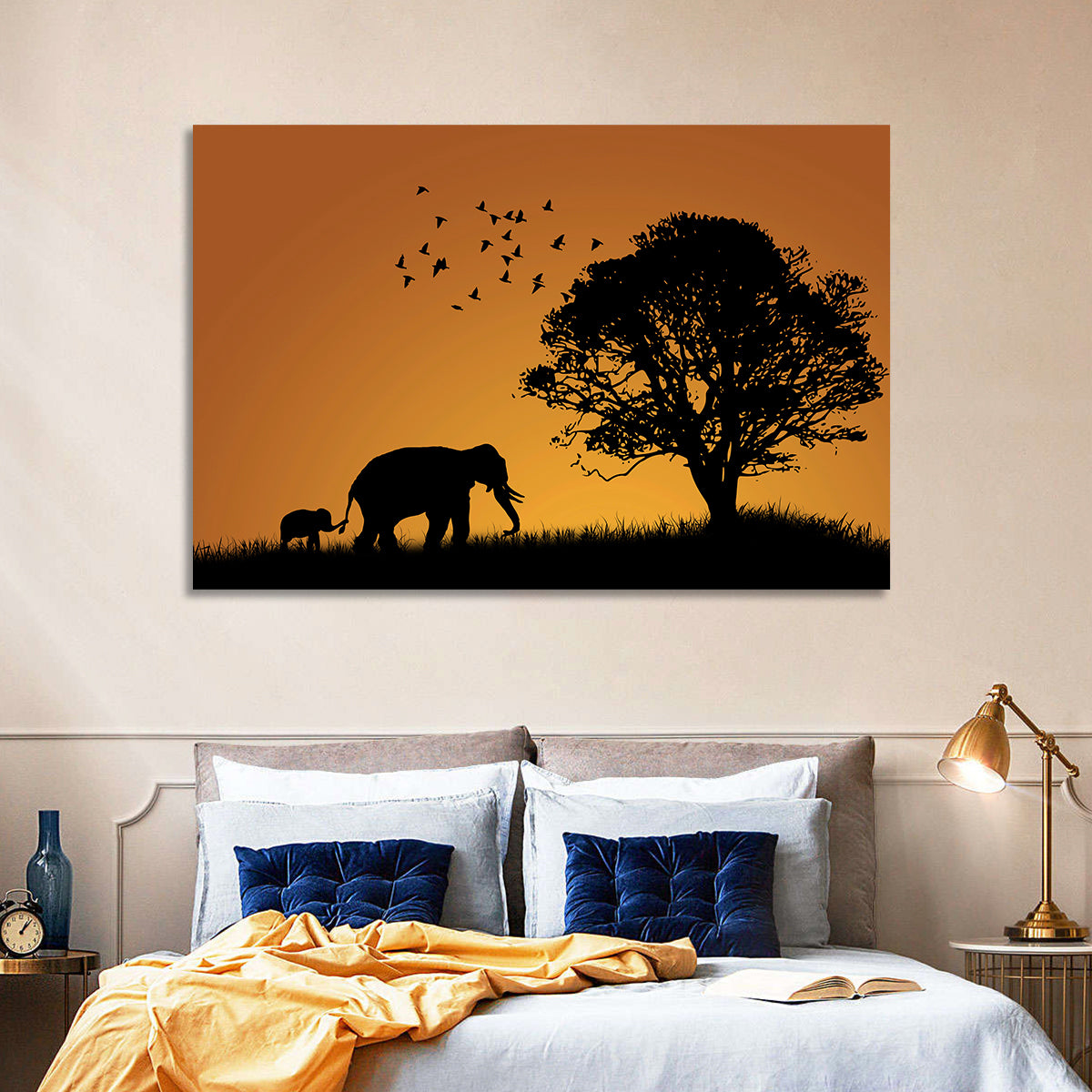 Elephant Family at Golden Sunset Wall Art in a room, landscape