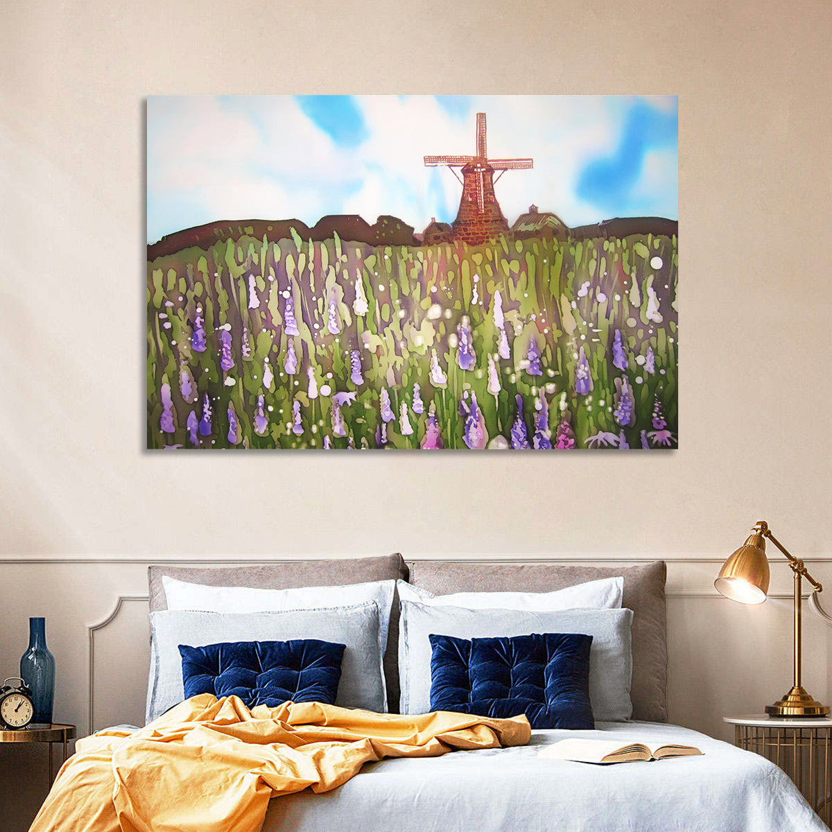 Ink Wash Windmill in Blooming Field Wall Art in a room, landscape