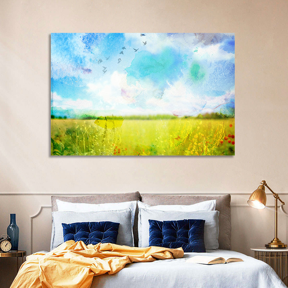 Watercolor Wildflower Field Wall Art in a room, landscape