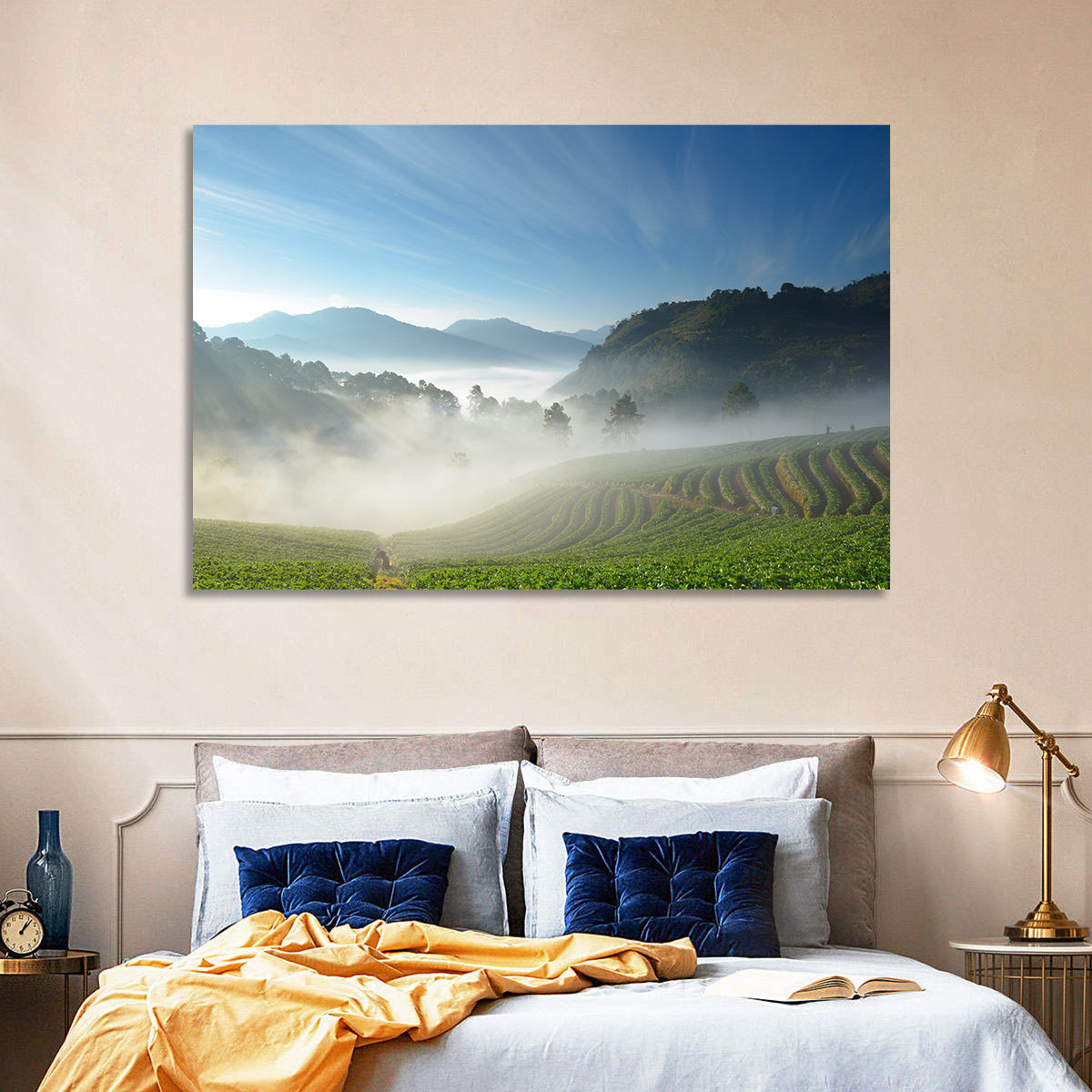 Sunlit Terraced Tea Hills Wall Art in a room, landscape