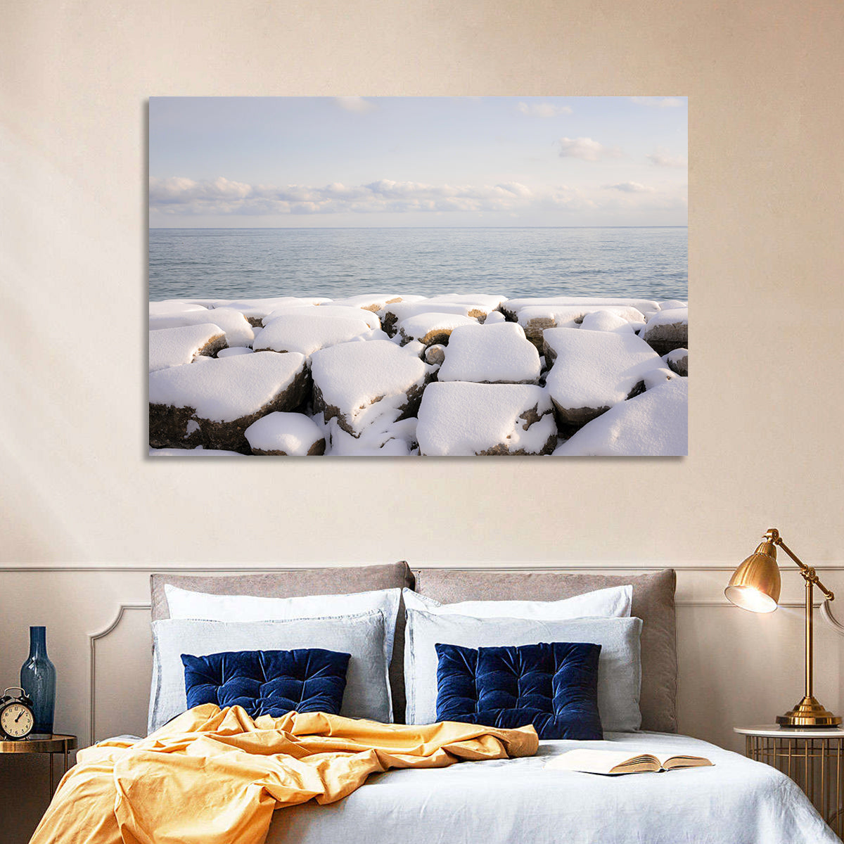 Lake Ontario Snowy Rocks Wall Art in a room, landscape