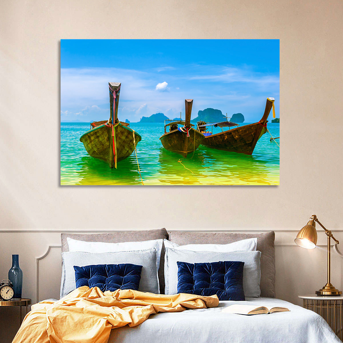 Three Long-tail Boats on Turquoise Water Wall Art