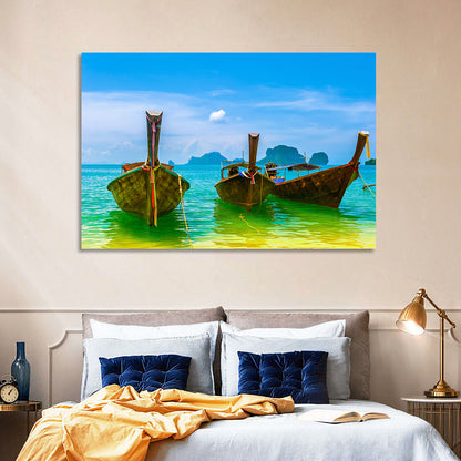 Three Long-tail Boats on Turquoise Water Wall Art