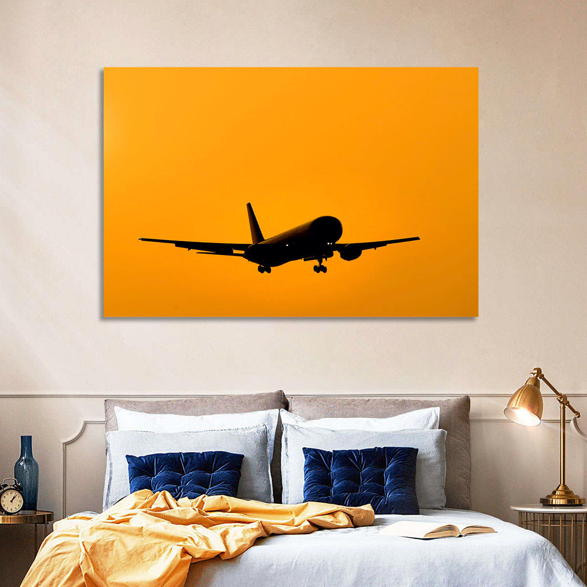 Golden Hour Airliner Silhouette Wall Art in a room, landscape