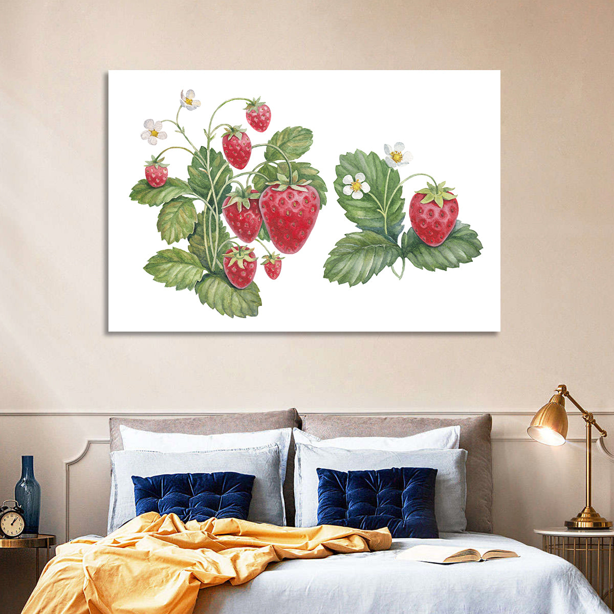 Fresh Strawberry Botanical Illustration Wall Art in a room, landscape