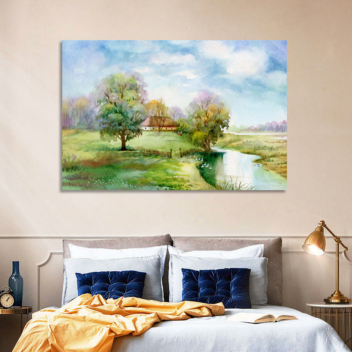 Spring Cottage by the Stream Wall Art in a room, landscape