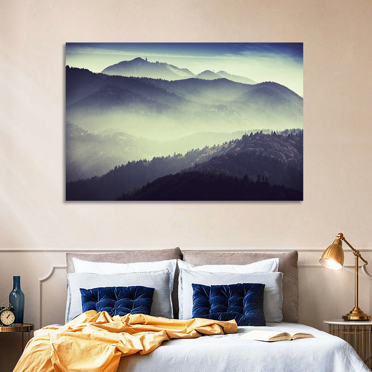 Foggy Forest Valley Wall Art in a room, landscape