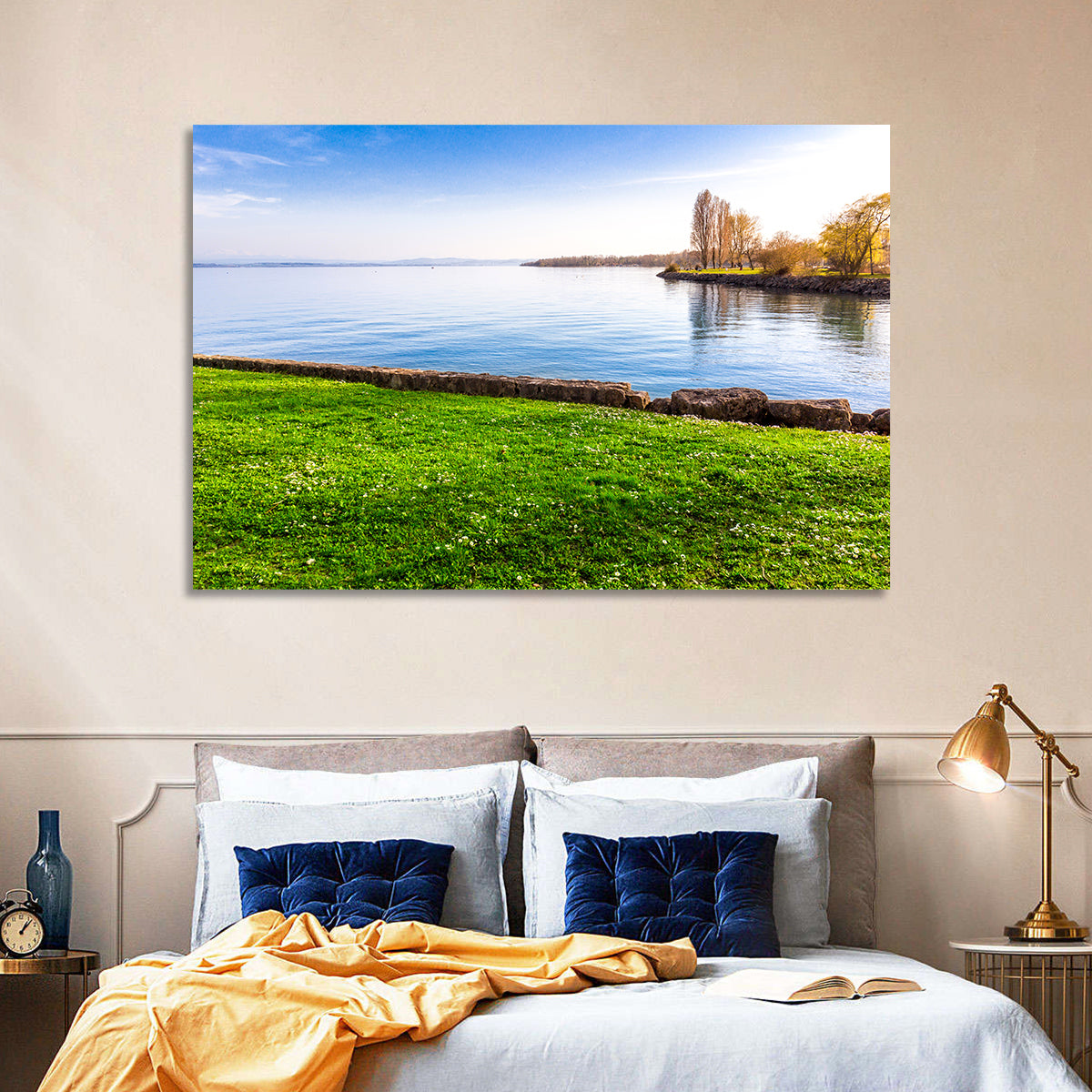 Lake Neuchatel Meadow Wall Art in a room, landscape