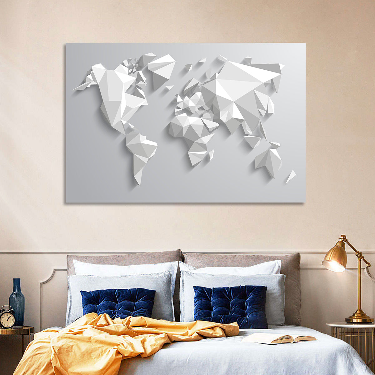 Faceted Triangular World Map Wall Art in a room, landscape