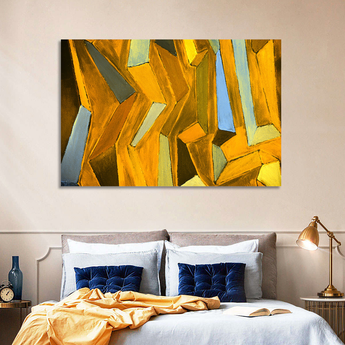 Golden Blocks Abstract Wall Art in a room, landscape
