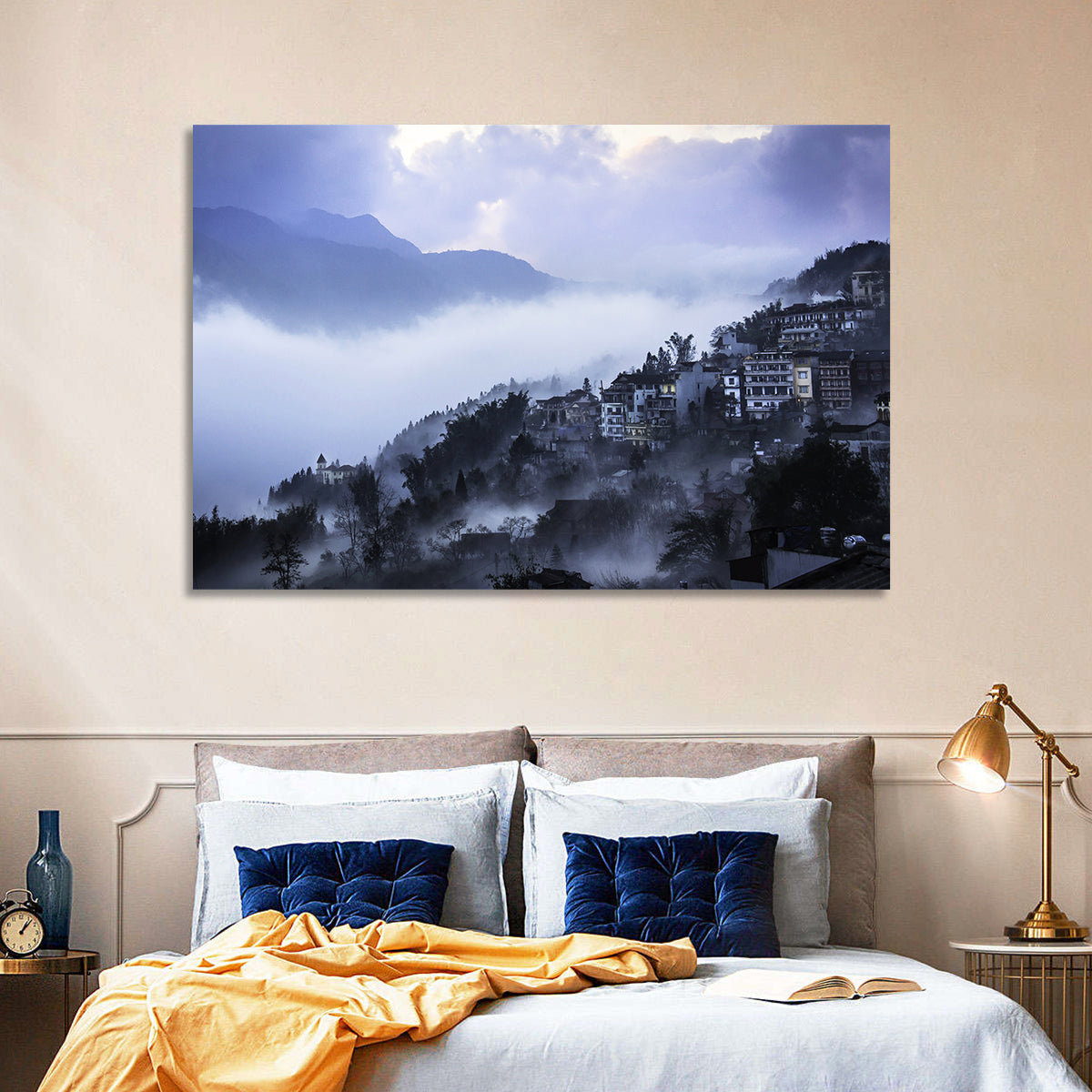 Misty Hillside Town Wall Art in a room, landscape