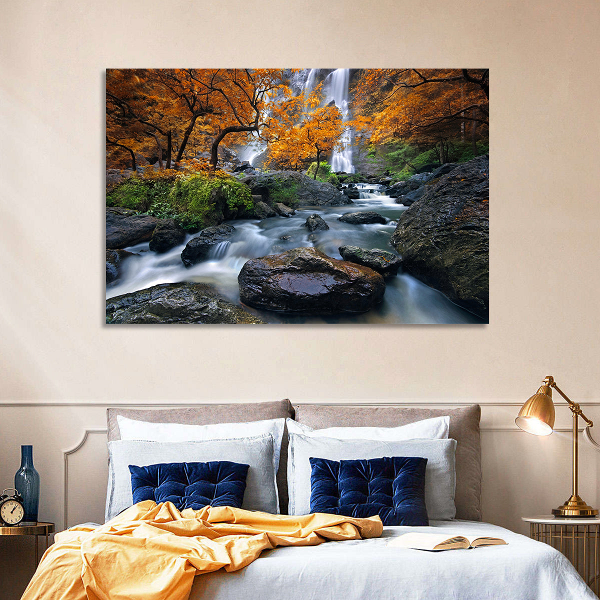 Konglan Autumn Waterfall Wall Art in a room, landscape