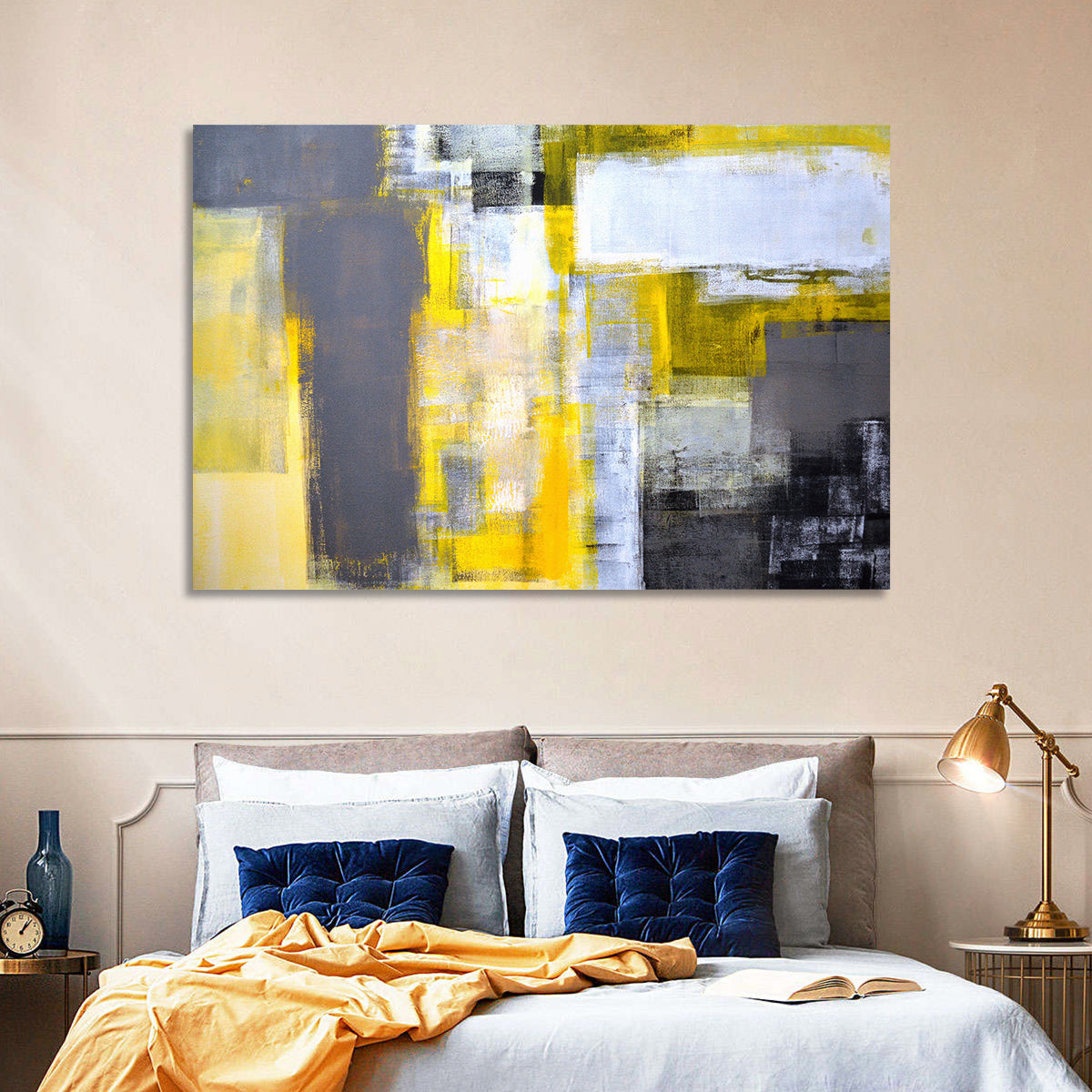 Yellow and Gray Color Block Abstract Wall Art in a room, landscape