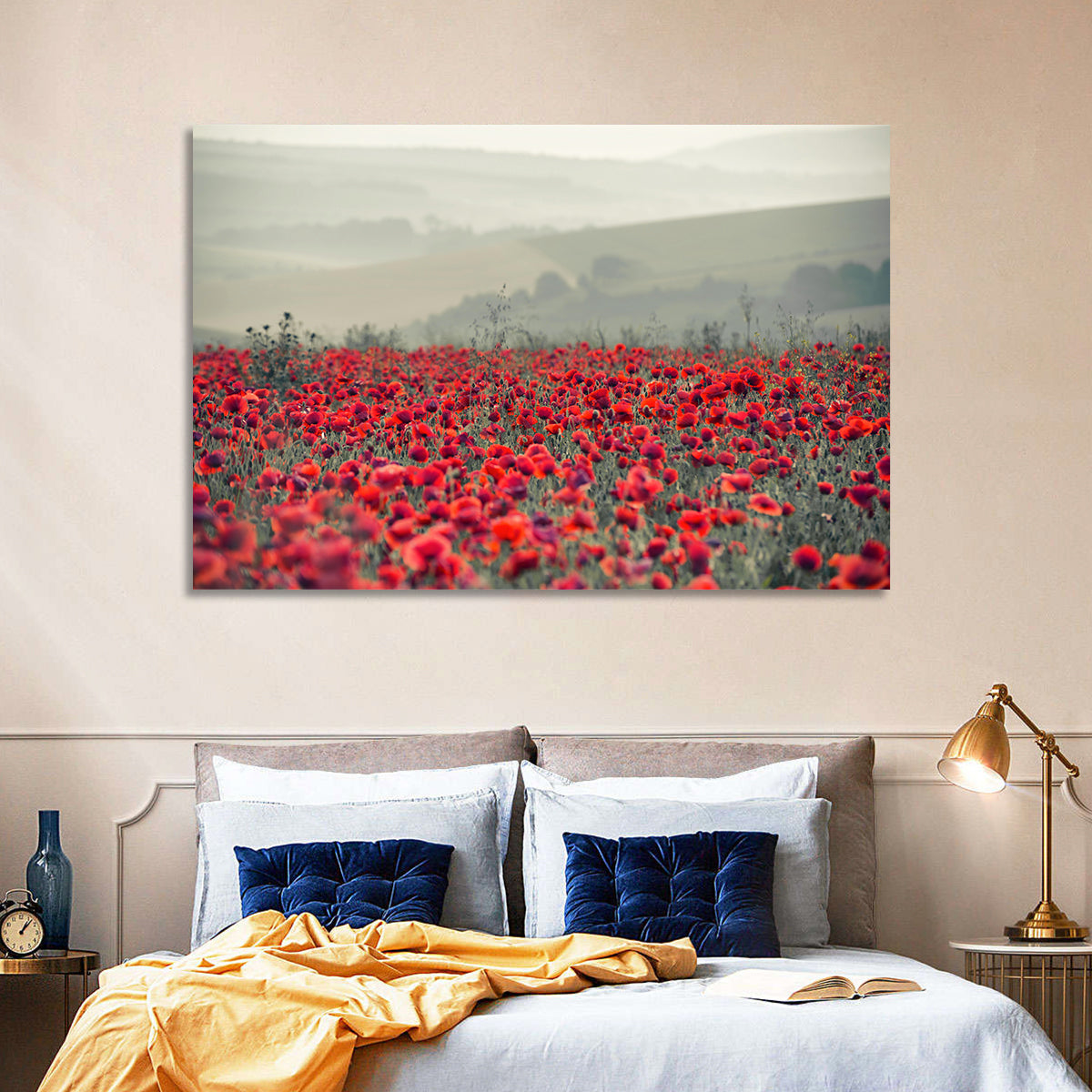 Red Poppy Field Wall Art in a room, landscape