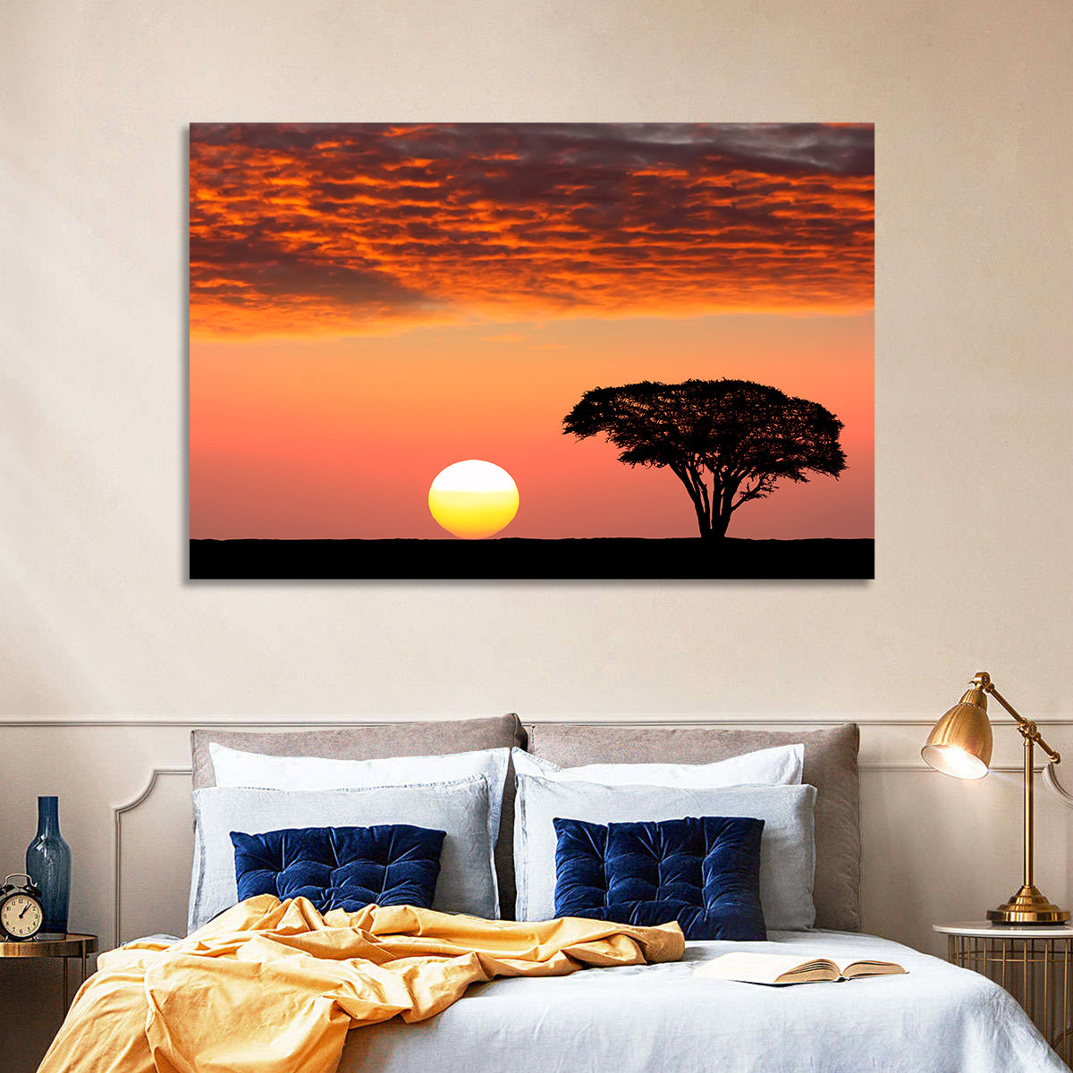 Serengeti Sunset Silhouette Wall Art in a room, landscape