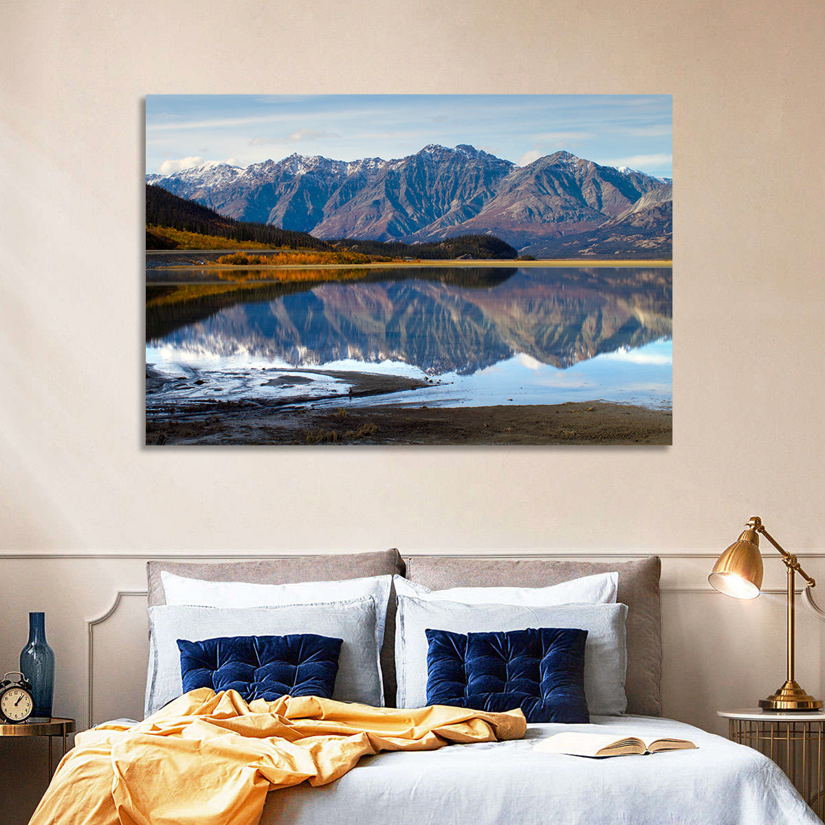Kluane Lake Autumn Reflection Wall Art in a room, landscape