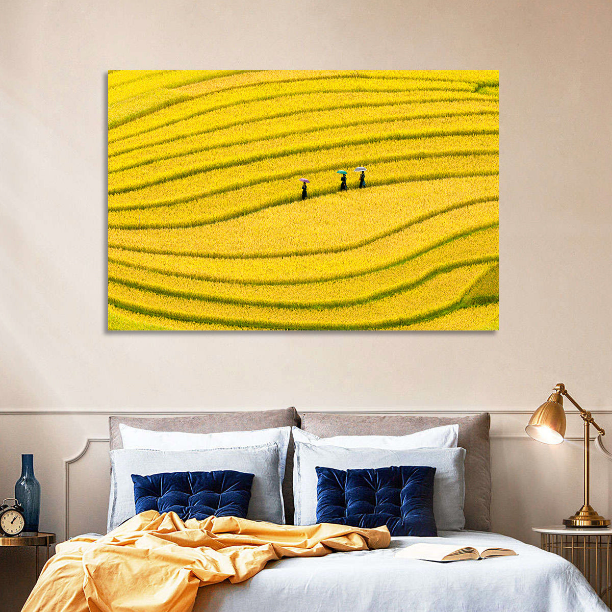 Golden Rice Terraces with Umbrellas Wall Art