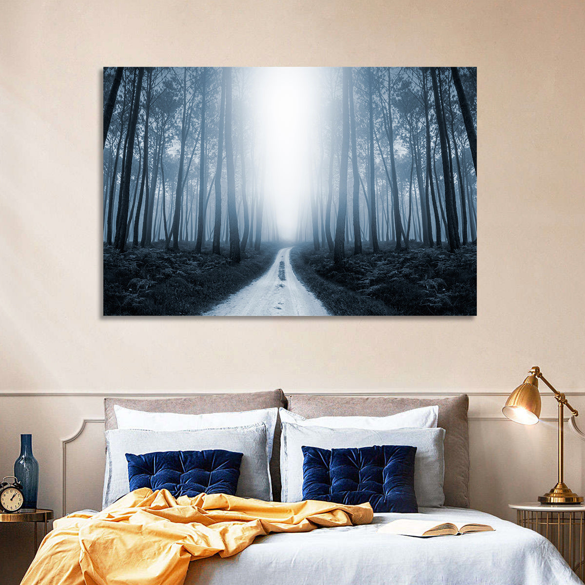 Misty Forest Road at Twilight Wall Art in a room, landscape