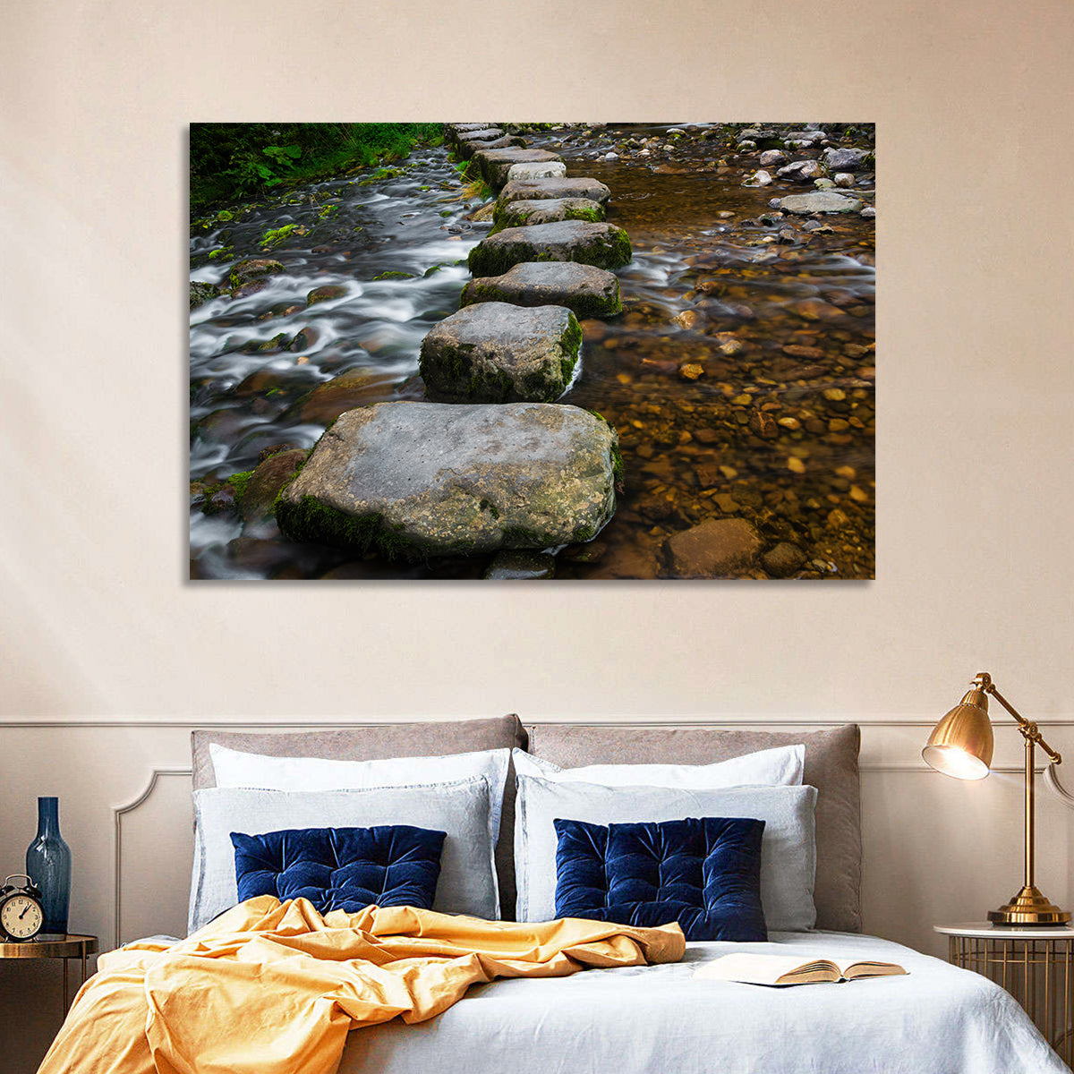 Mossy Stepping Stones Over Stream Wall Art in a room, landscape