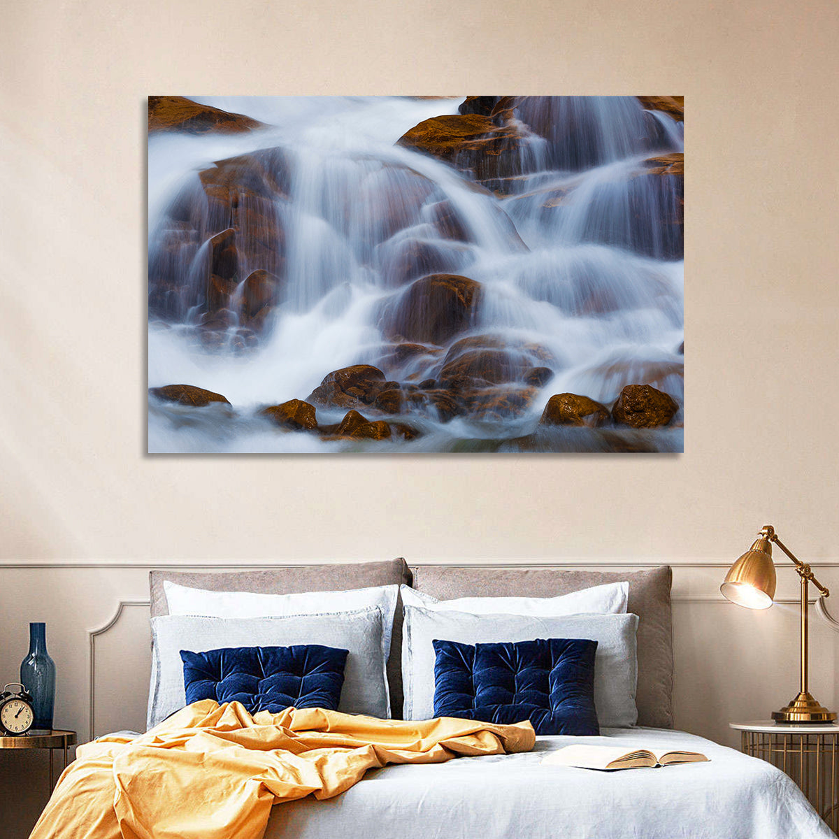 Rocky Mountain Waterfall Wall Art in a room, landscape