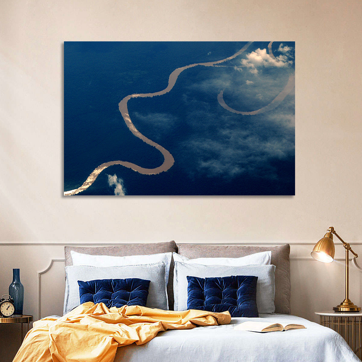 Sunlit Meander of the Amazon River Wall Art in a room, landscape