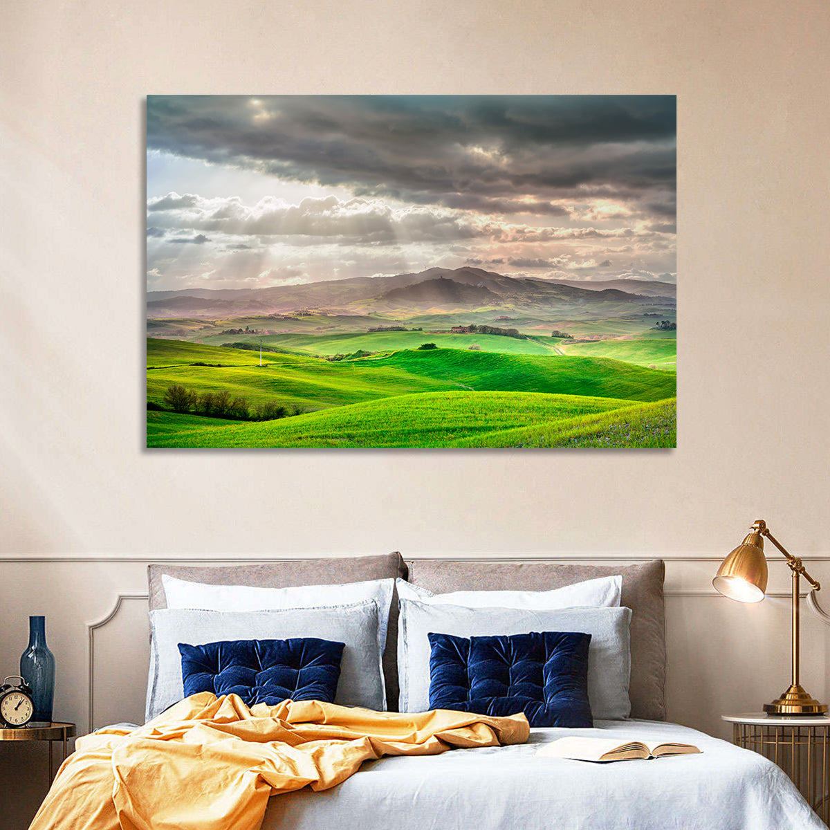 Tuscan Sunlit Hills Wall Art in a room, landscape