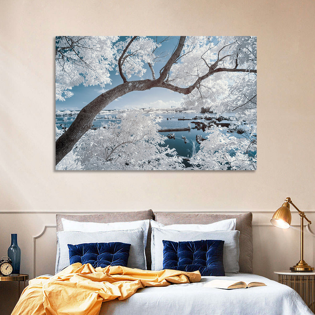 Curving Winter Tree Over Lake Wall Art