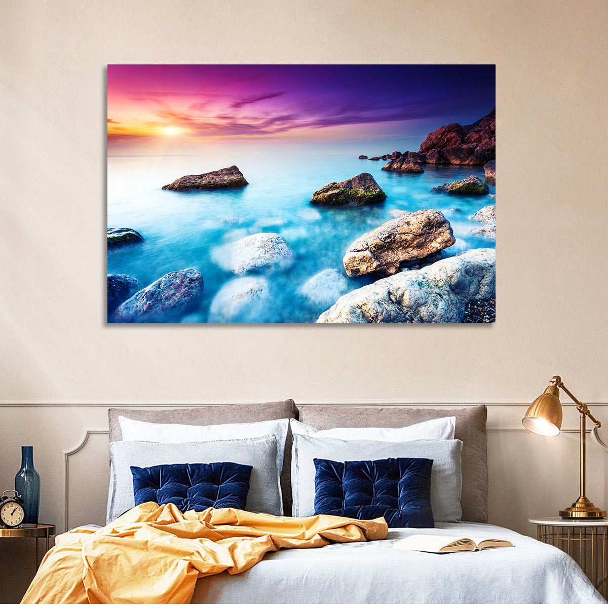 Rocky Beach Sunset Wall Art in a room, landscape