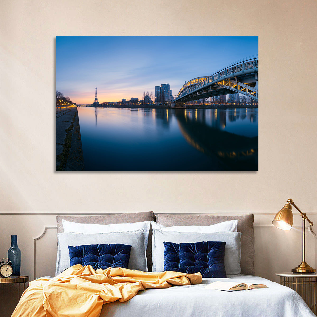 Eiffel Tower Golden Hour Reflection Wall Art in a room, landscape