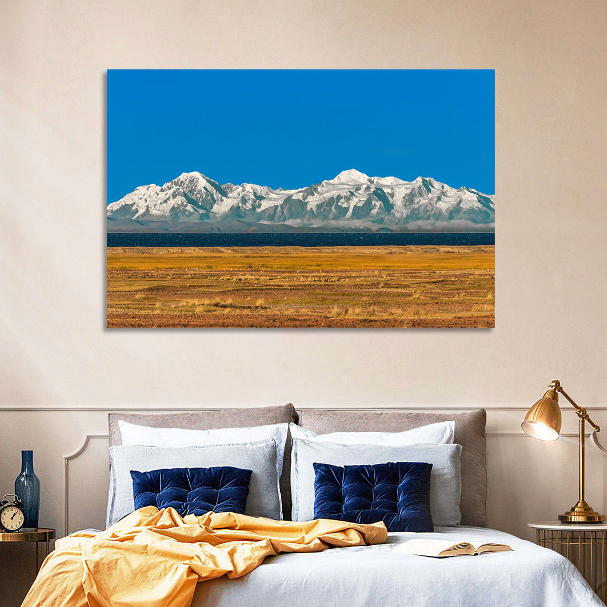 Snow-capped Peaks Over Lake Titicaca Wall Art in a room, landscape