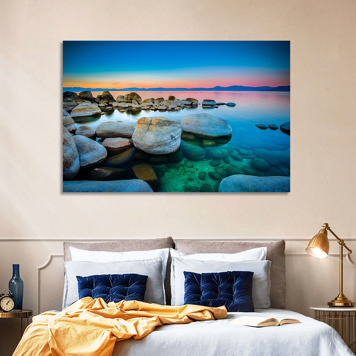 Lake Tahoe Sunset Boulders Wall Art in a room, landscape