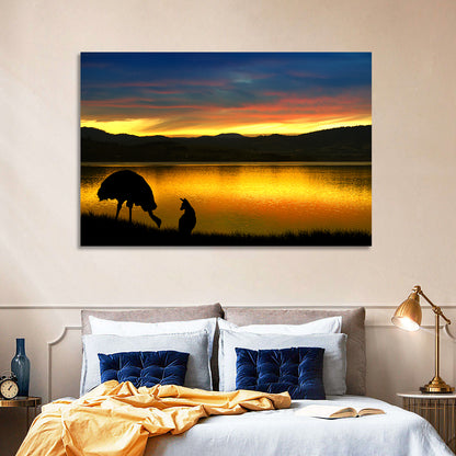 Kangaroo and Emu at Lake Sunset Wall Art