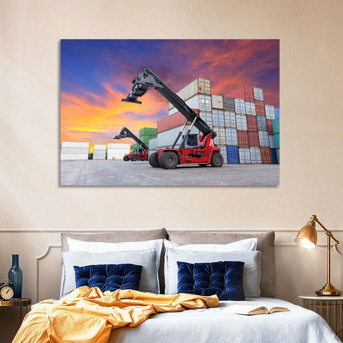 Red Reach Stackers at Sunset Wall Art