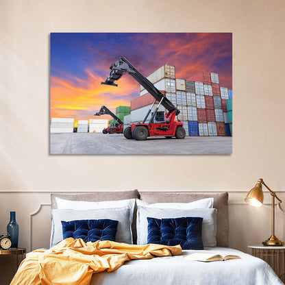 Red Reach Stackers at Sunset Wall Art