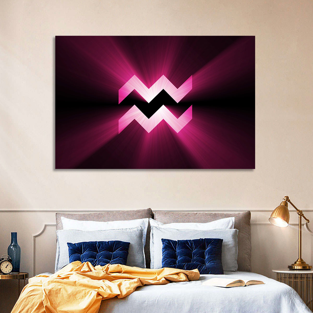 Magenta Aquarius Symbol Wall Art in a room, landscape