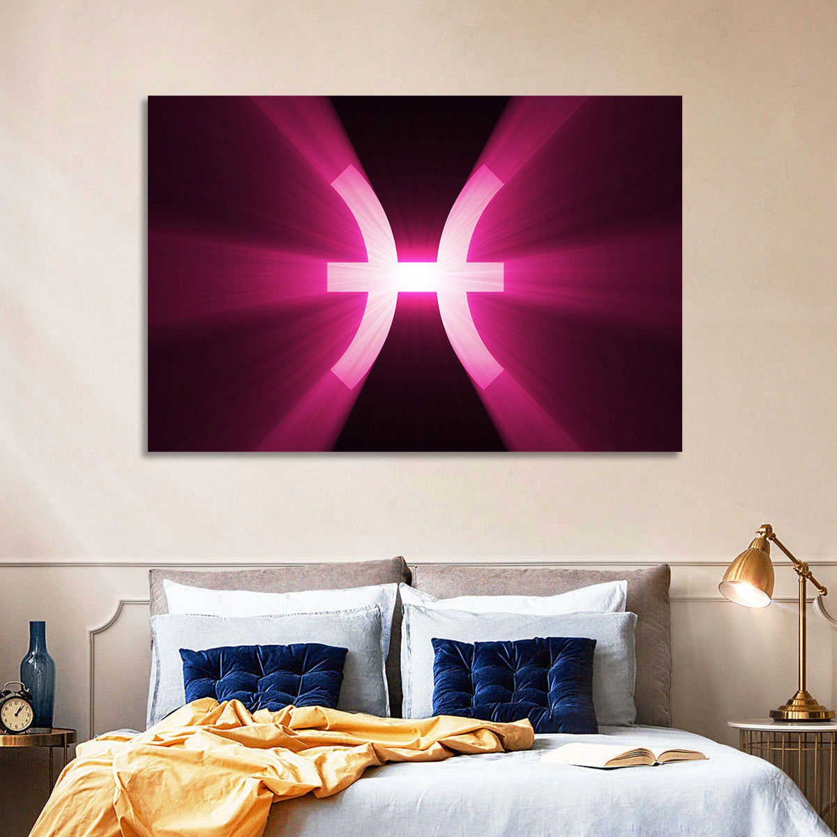 Magenta Pisces Symbol Wall Art in a room, landscape