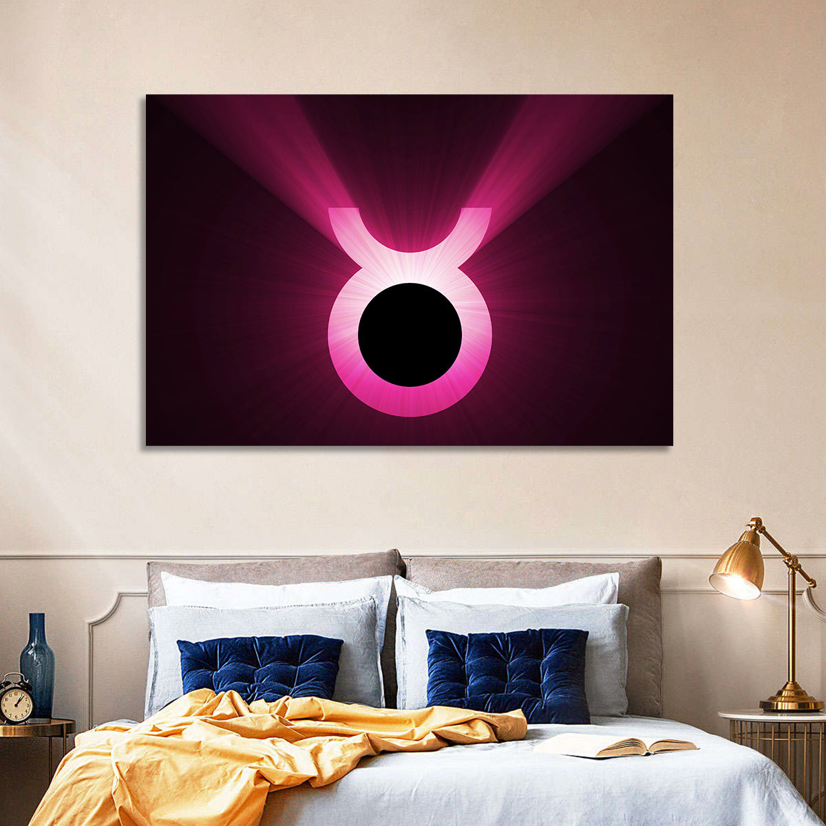 Glowing Pink Taurus Symbol Wall Art in a room, landscape