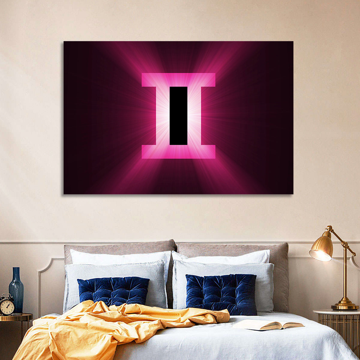 Radiant Gemini Symbol Wall Art in a room, landscape