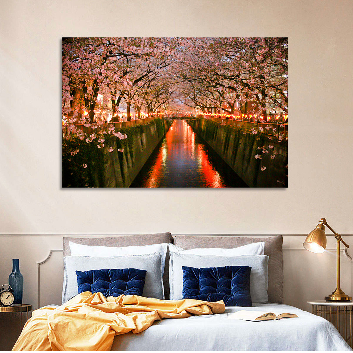 Meguro River Cherry Blossoms Wall Art in a room, landscape