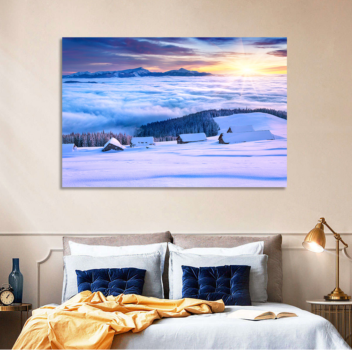 Snowy Cabins Above Clouds Wall Art in a room, landscape