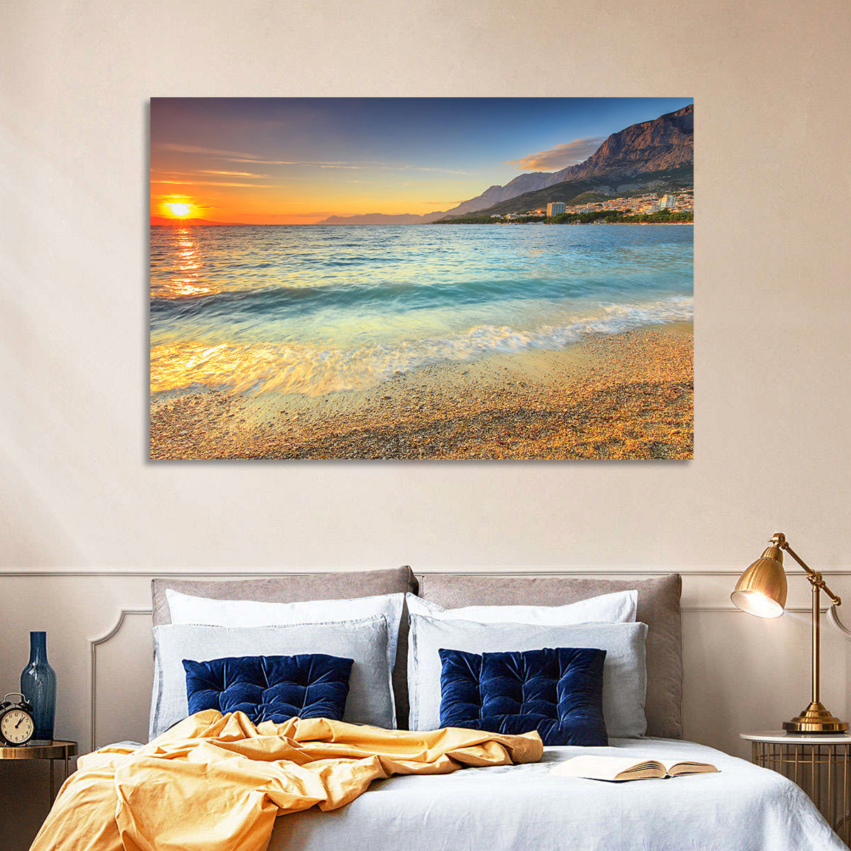 Makarska Pebble Beach Sunset Wall Art in a room, landscape