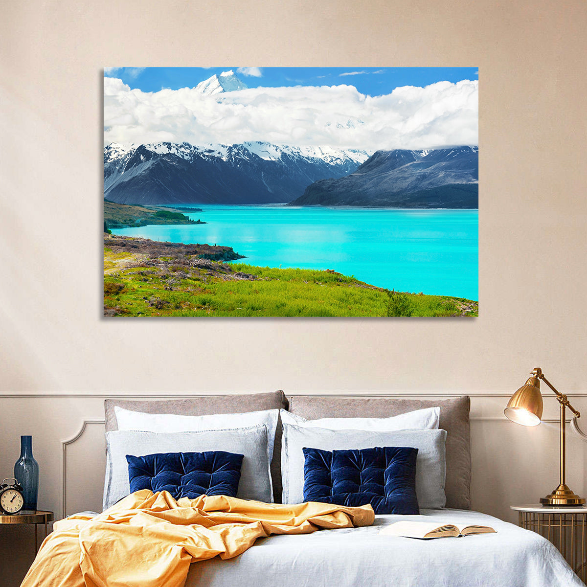 Turquoise Lake Pukaki with Mount Cook Wall Art in a room, landscape