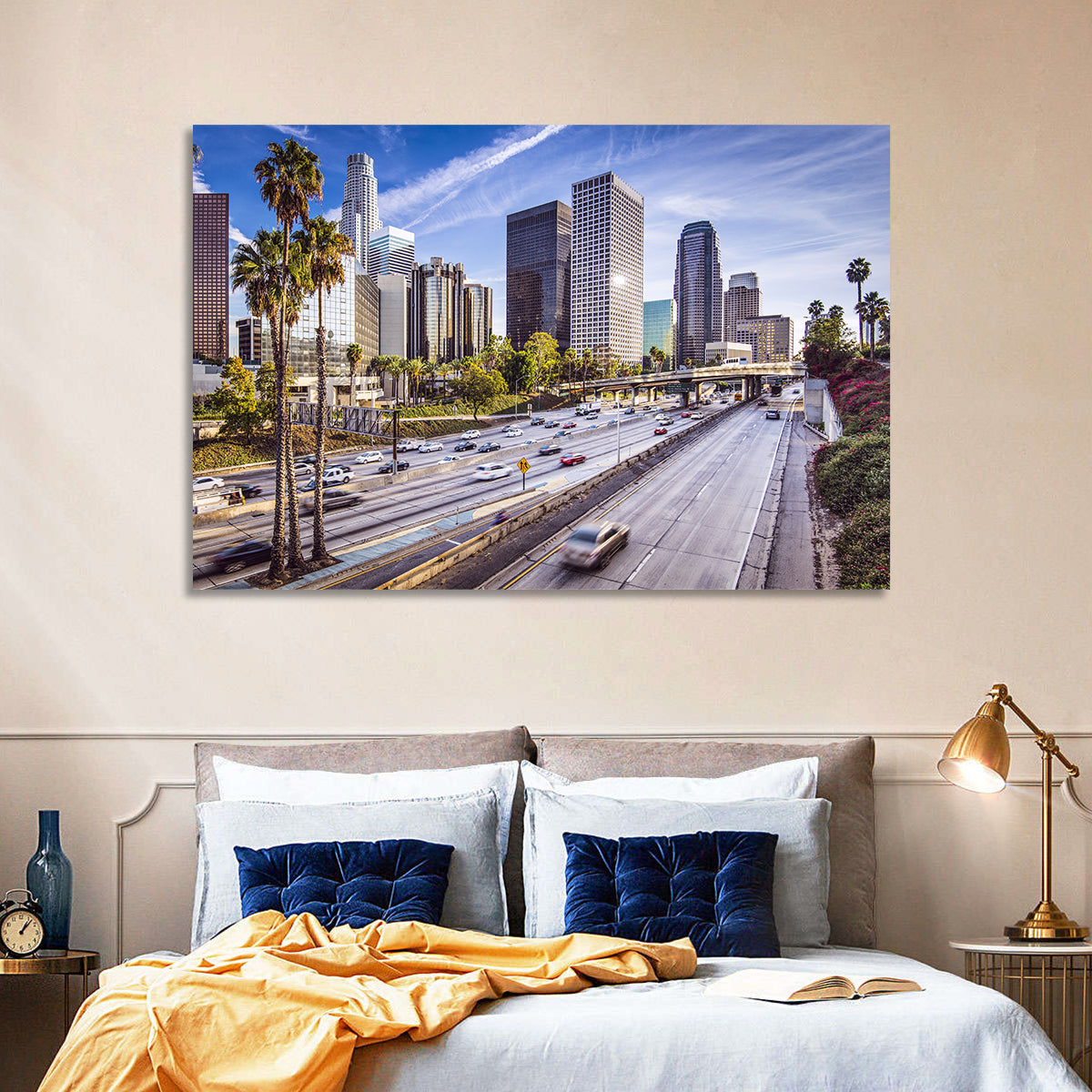 Los Angeles Freeway to Downtown Skyline Wall Art in a room, landscape