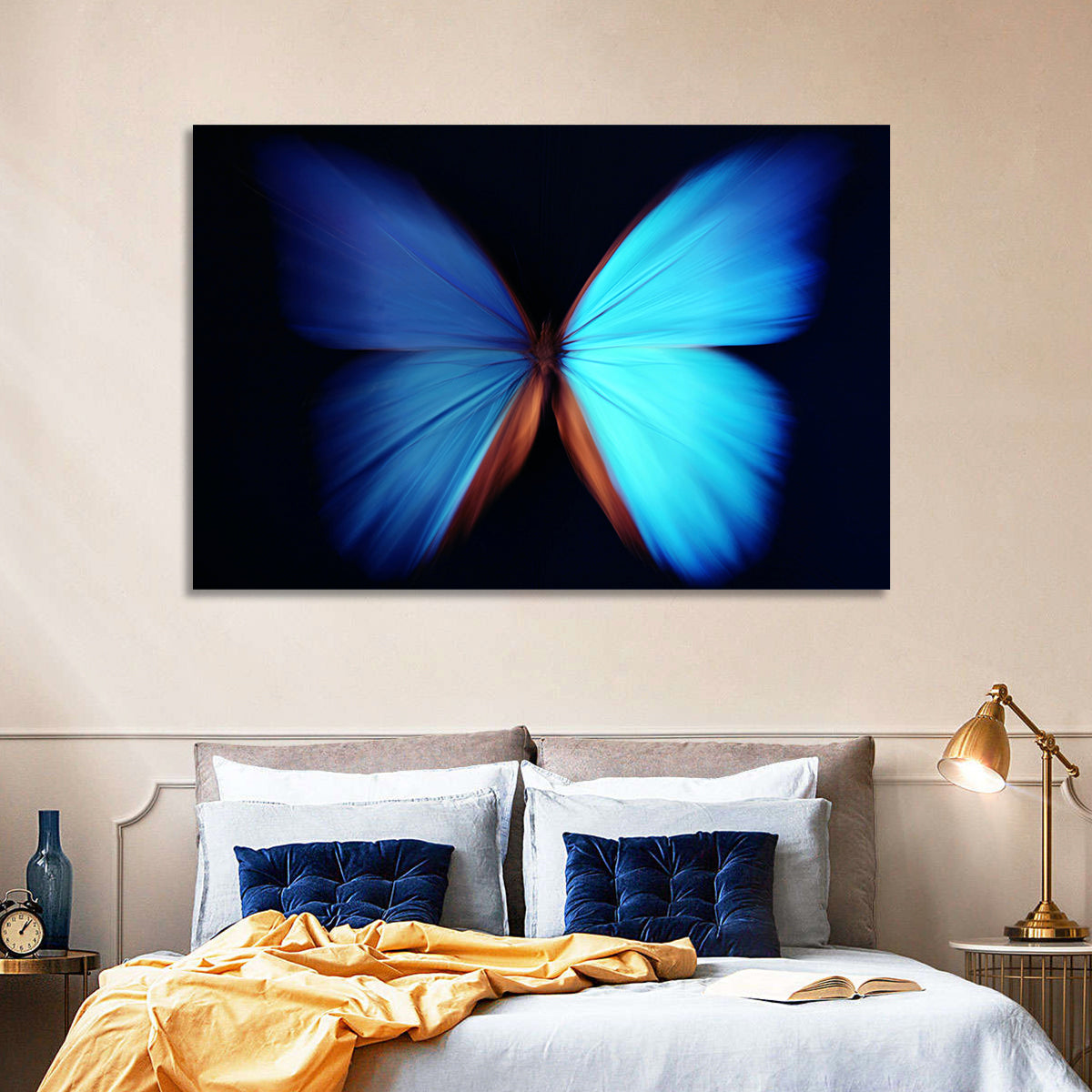 Blue Butterfly Macro Study Wall Art in a room, landscape