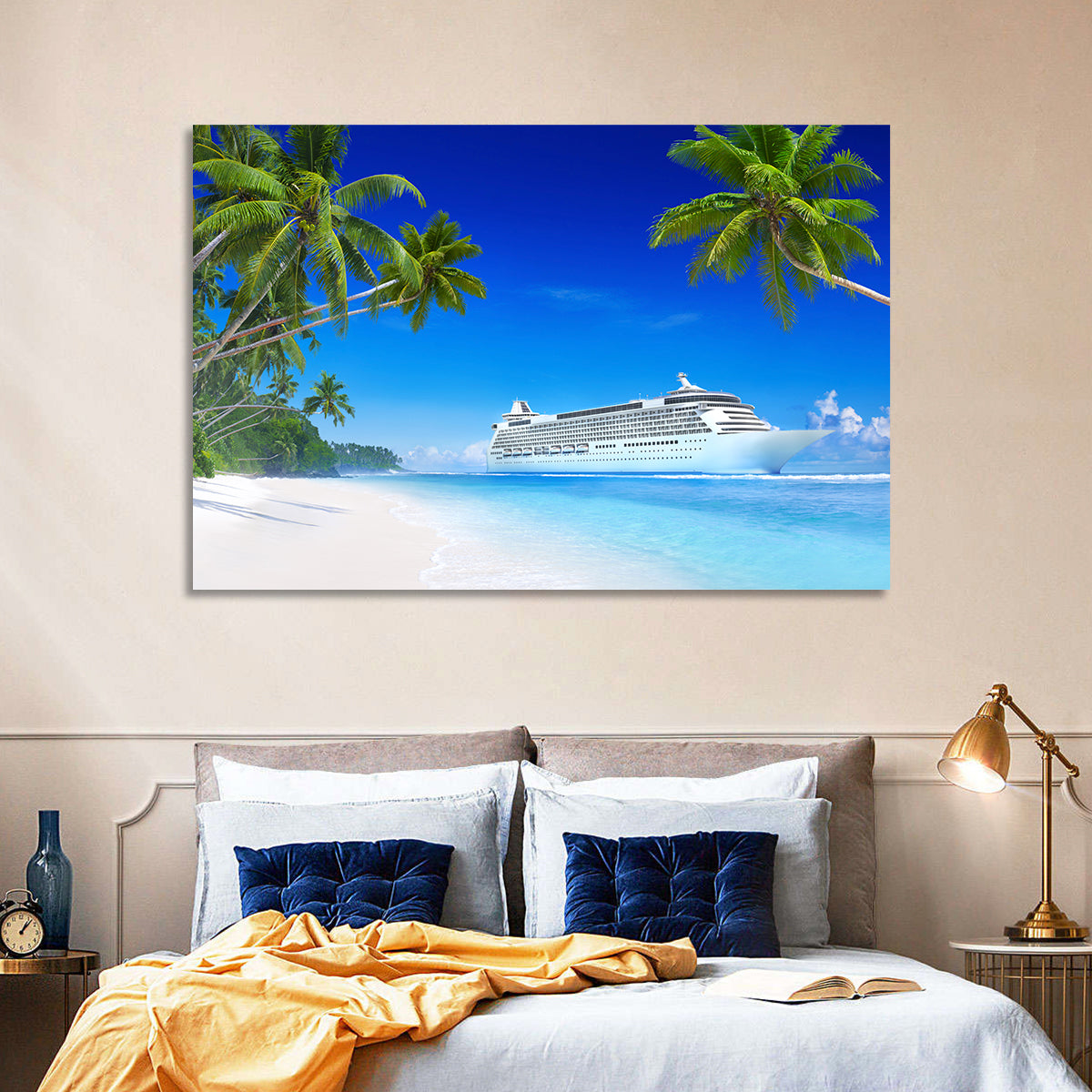 Tropical Beach Cruise Ship Shoreline Wall Art in a room, landscape
