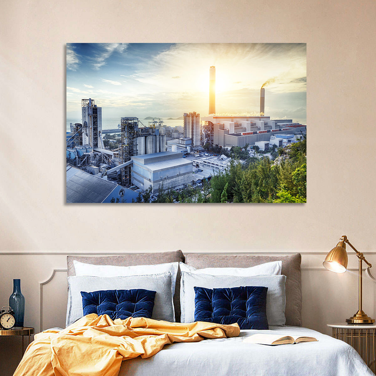 Coastal Power Plant at Sunrise Wall Art in a room, landscape