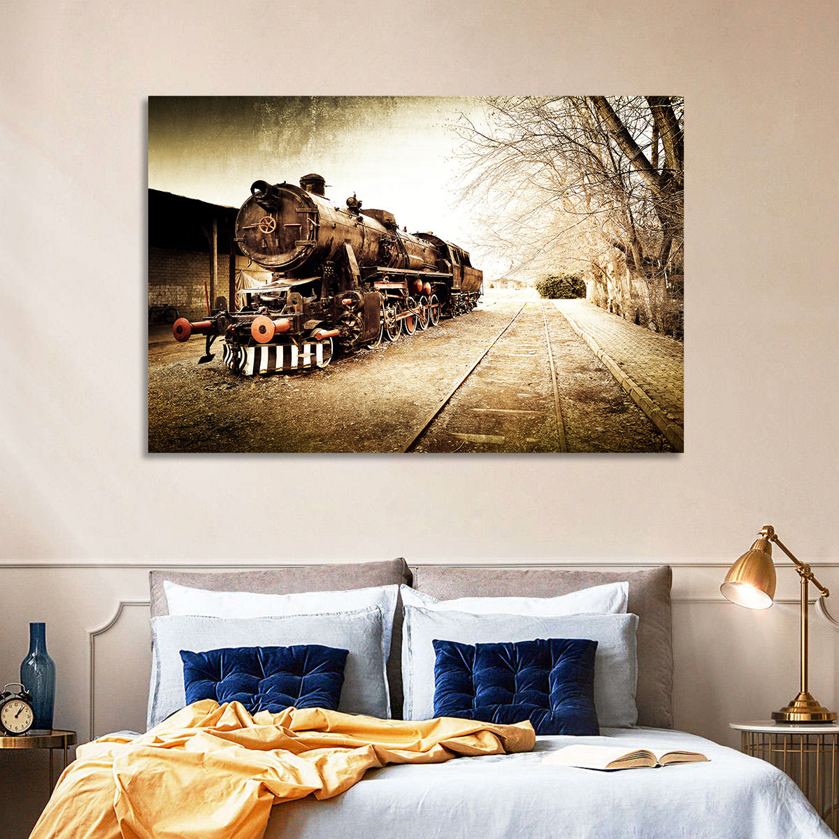 Sepia Steam Locomotive on Rusted Tracks Wall Art