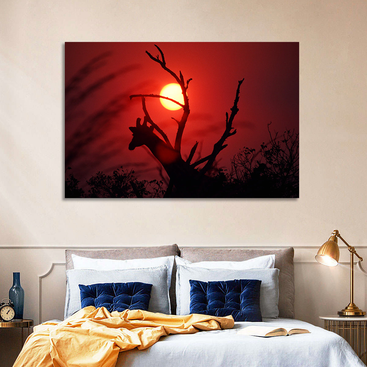 Giraffe Silhouette at Sunset Wall Art in a room, landscape