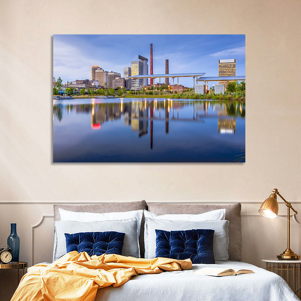 Birmingham Skyline Reflection at Twilight Wall Art in a room, landscape
